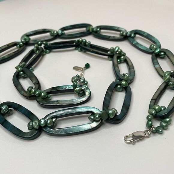 Anthology Rare Vintage Green Mother Of Pearl Shell Chain Necklace Pearls Beaded - Picture 6 of 7